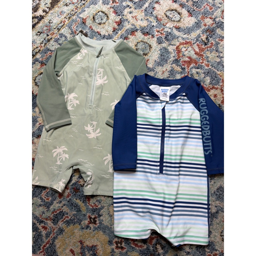 Rugged Butts Modern Moments Rashguard Swimsuit Boys 6-12M Green Blue Stripe EUC